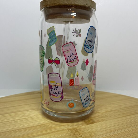 La Croix Holiday Christmas Water Drink Glass Wood Lid Glass Straw Promo - Picture 4 of 6